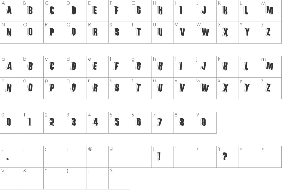 ThreeDimRightwards font character map preview