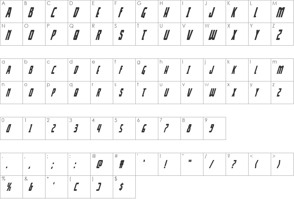 Thunder-Hawk Drop Condensed Italic font character map preview