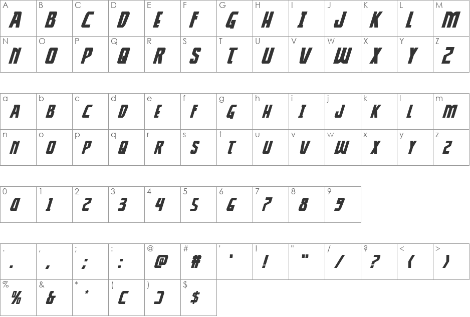 Thunder-Hawk Drop Expanded Italic font character map preview