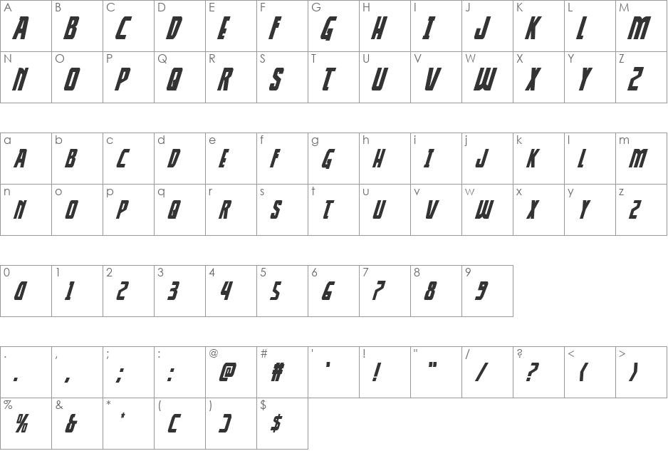 Thunder-Hawk Drop Italic font character map preview