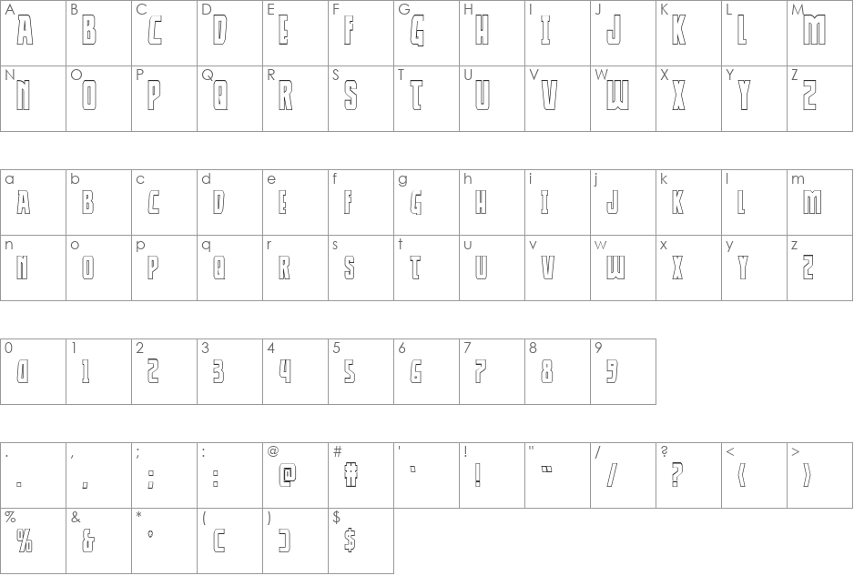 Thunder-Hawk Shadow font character map preview