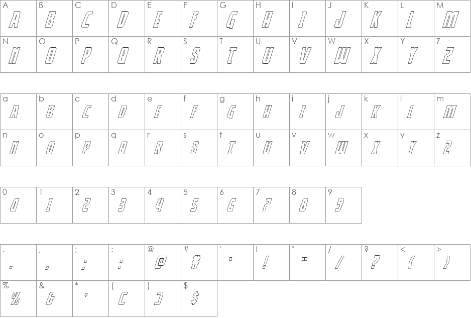 Thunder-Hawk Shadow Drop Italic font character map preview