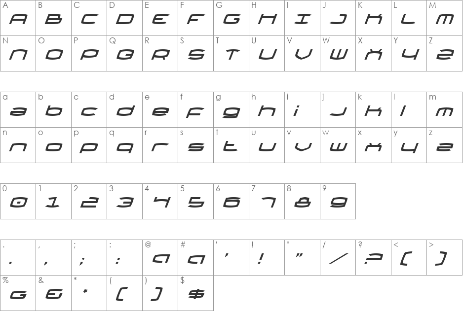 Thundergod Itliac font character map preview