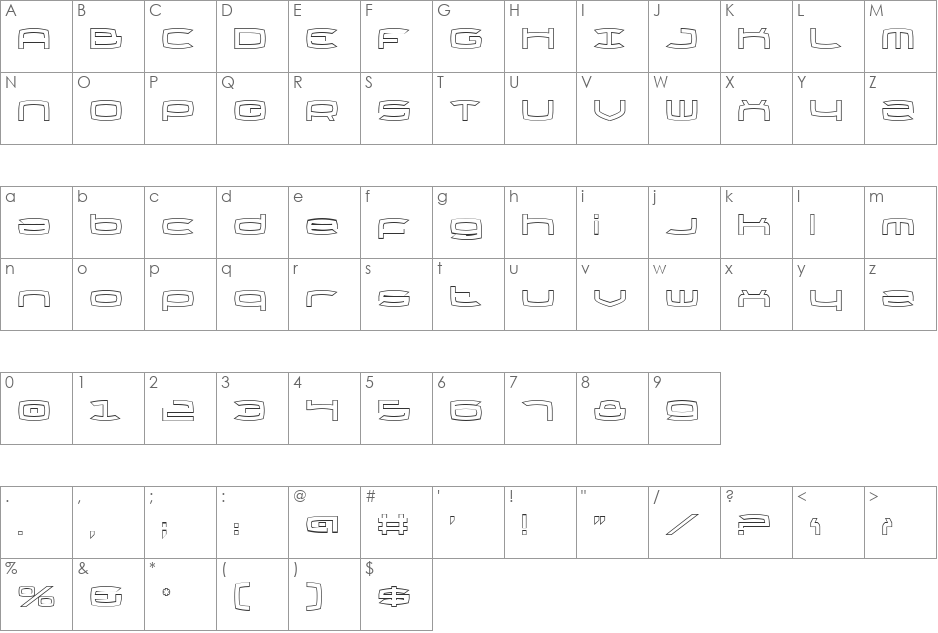 Thundergod Outline font character map preview