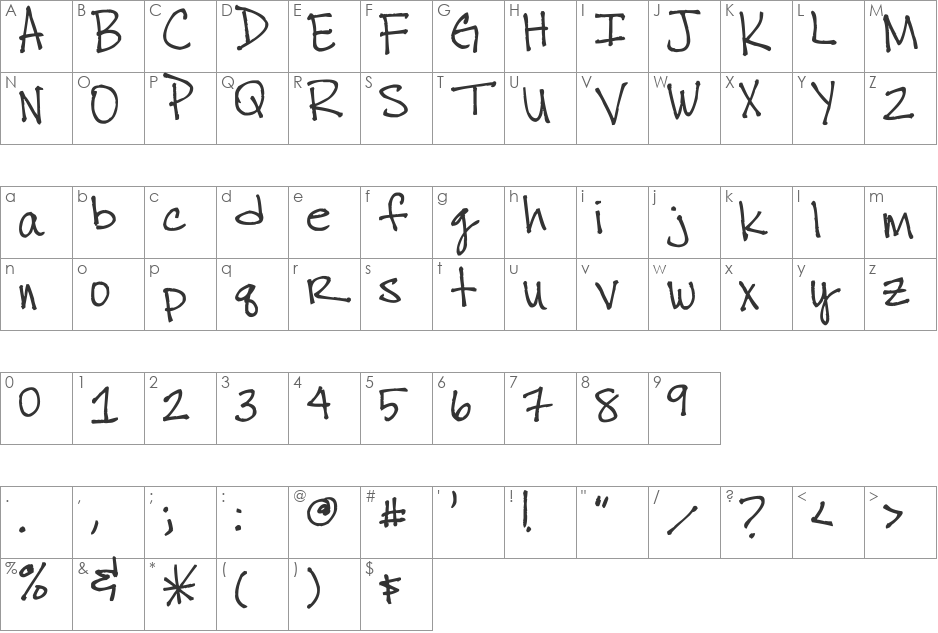 thuy's chicken scratch font character map preview