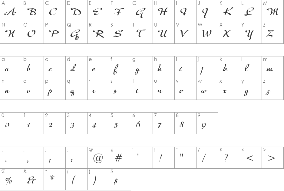Tiamaria Script font character map preview