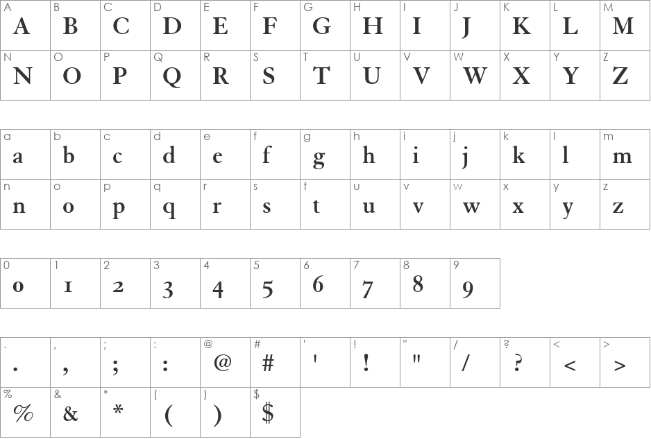 Tiasco OldStyle SSi font character map preview