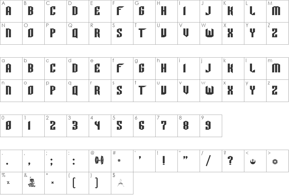 TIE-Wing font character map preview