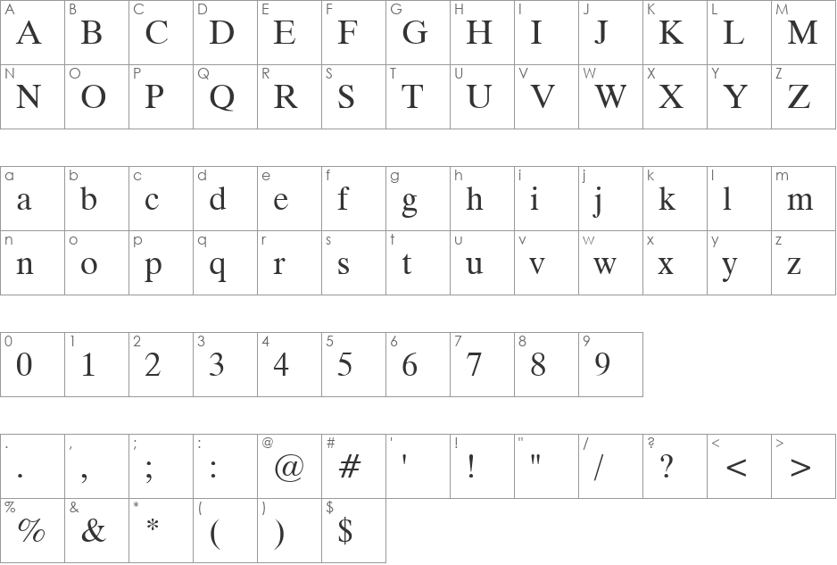 Tiempo font character map preview
