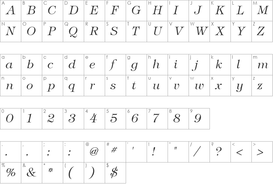 Tiffany Light font character map preview