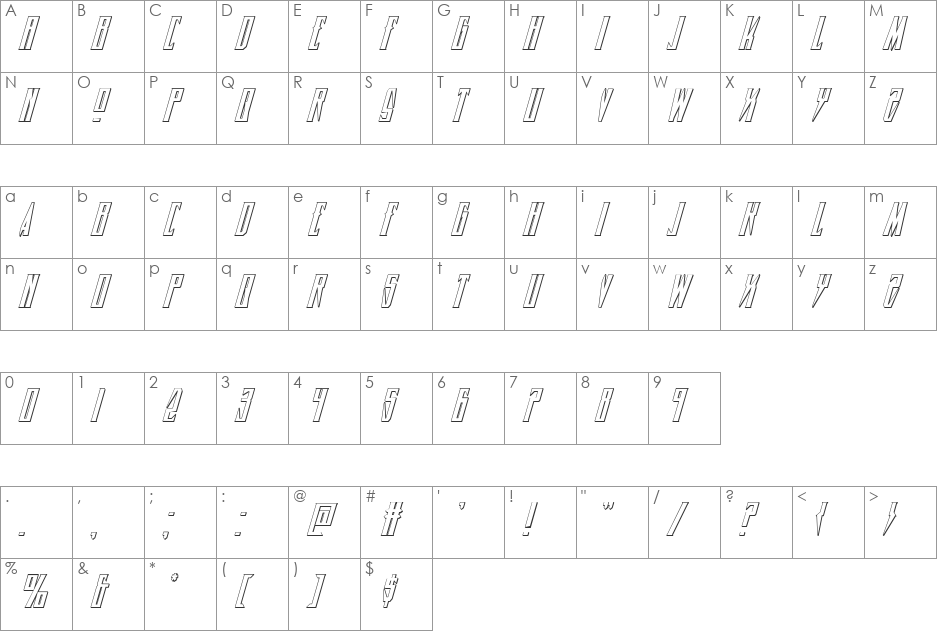 Timberwolf 3D Italic font character map preview