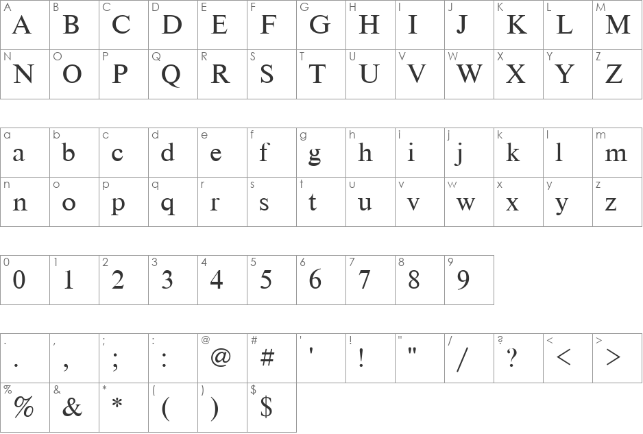 Times font character map preview