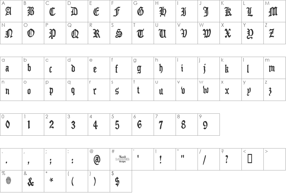 Benighted font character map preview