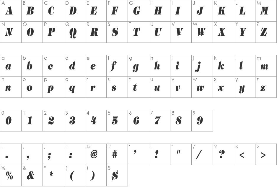 Timpani_Heavy-Italic Cn font character map preview
