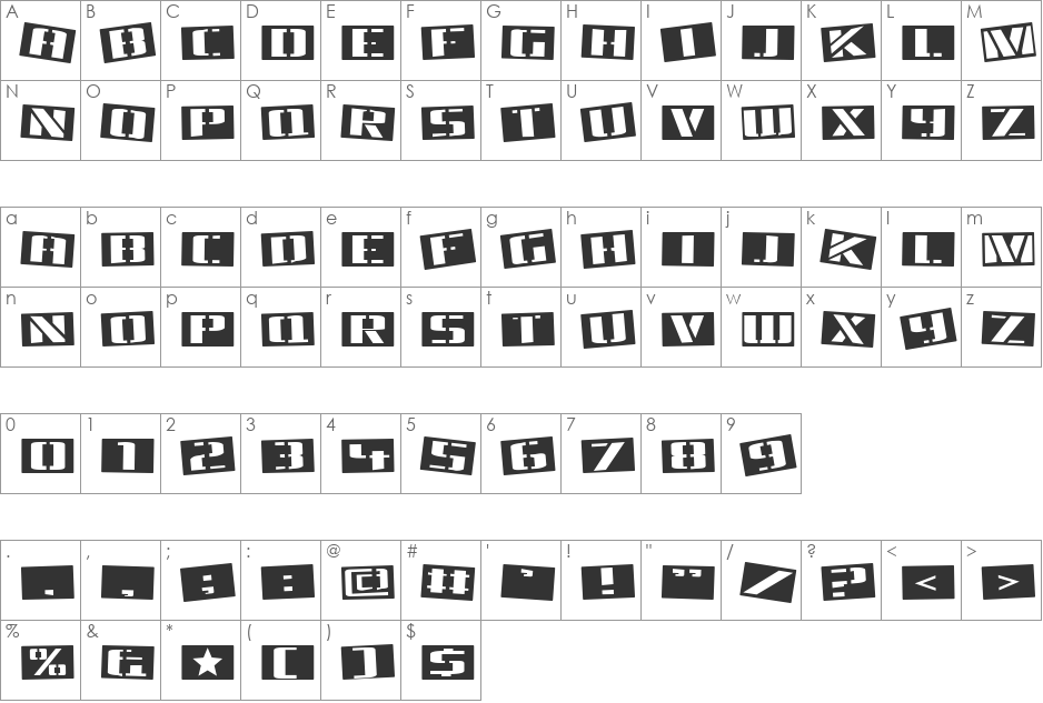 Tinsnips font character map preview