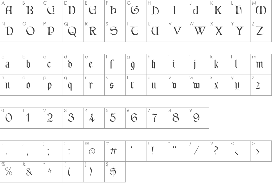 Tintagel font character map preview