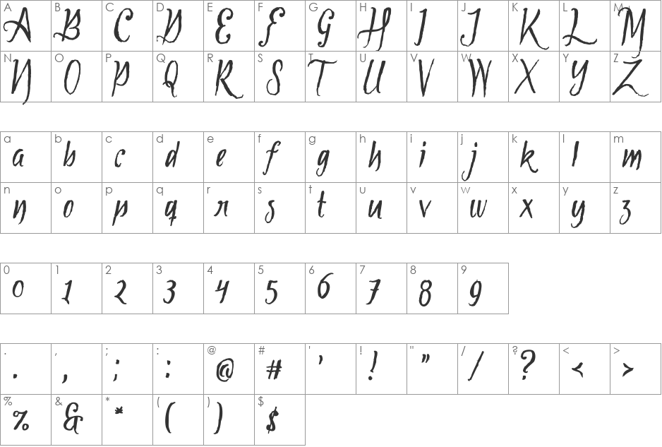 Tipbrush Script 2 Slanted font character map preview