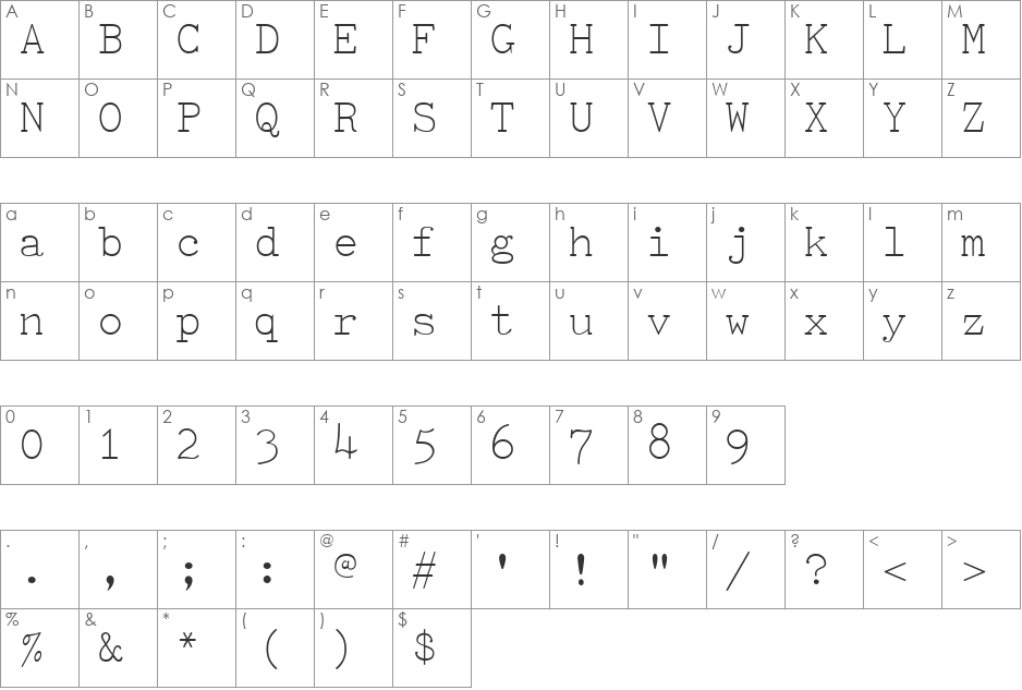 TiredOfCourier font character map preview