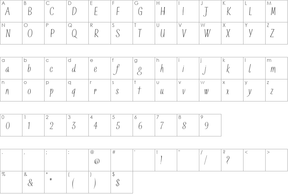 Tisdall font character map preview