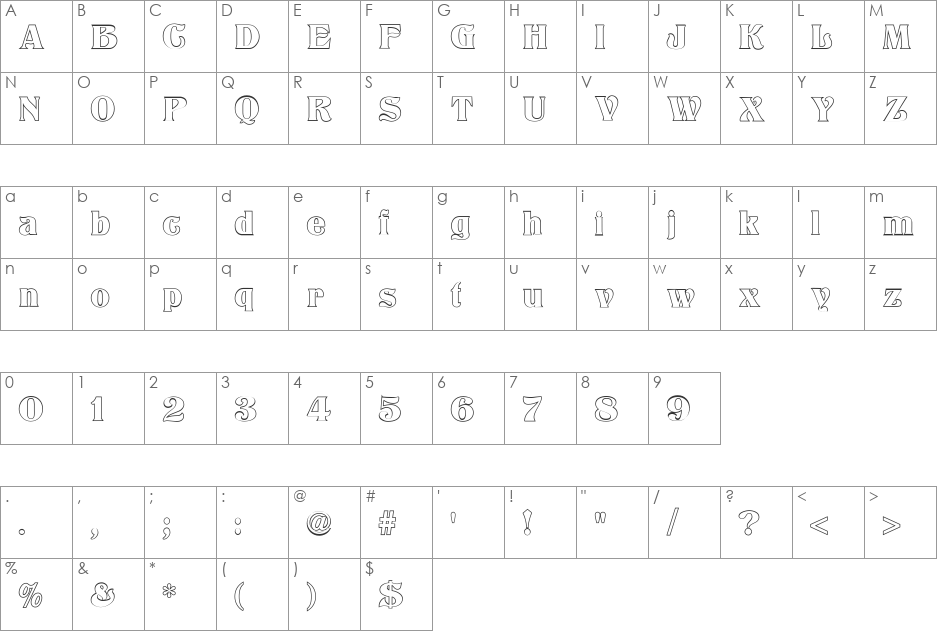 Titania Shadow font character map preview