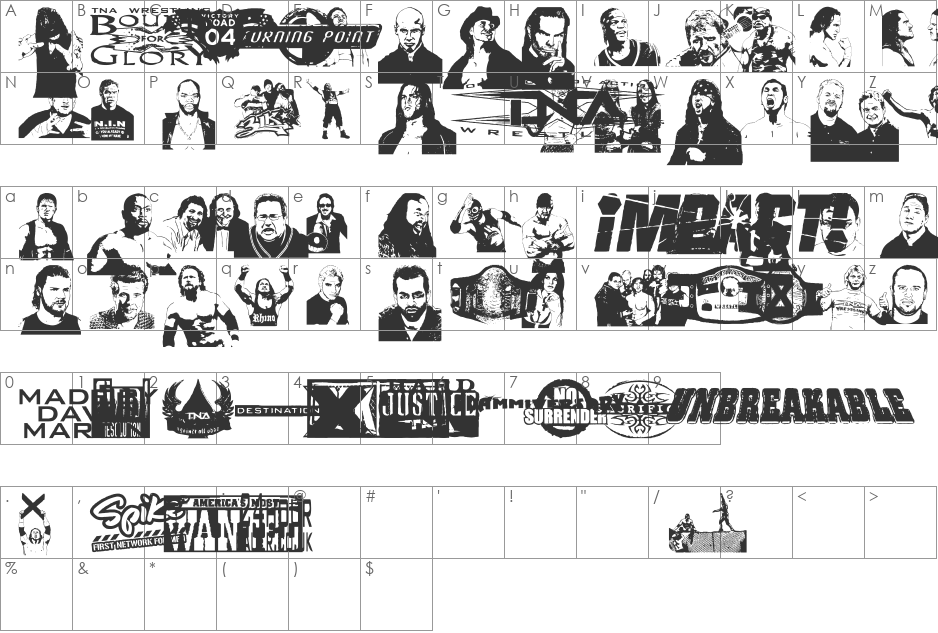 TNA Bound for Glory font character map preview