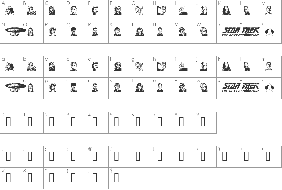 TNGcast font character map preview