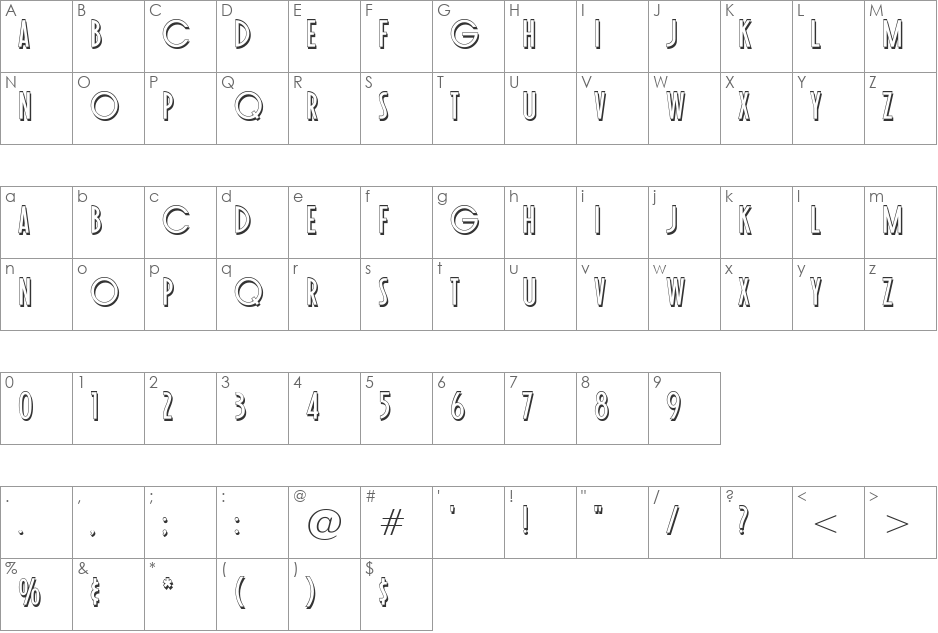 Toasted Vein BTN Shadow font character map preview