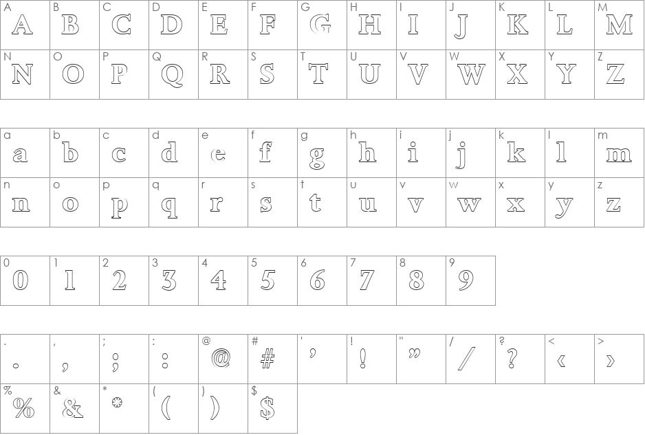 TobyBeckerOutline font character map preview