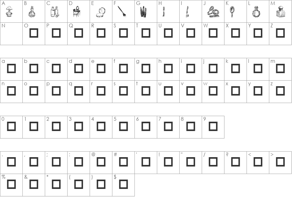 Toiletries font character map preview