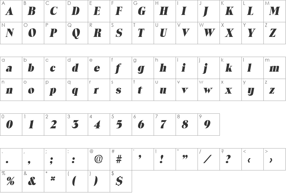 Toledo-ExtraBoldIta font character map preview