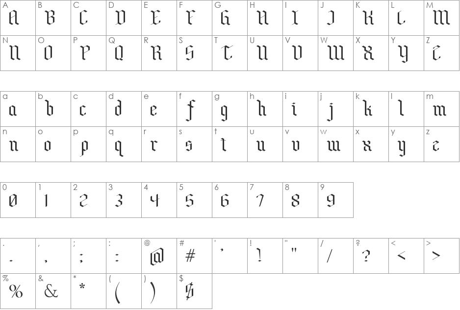 Bensch Gothic font character map preview