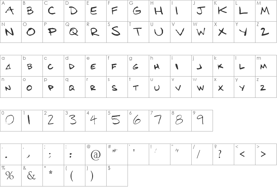 BensHand font character map preview