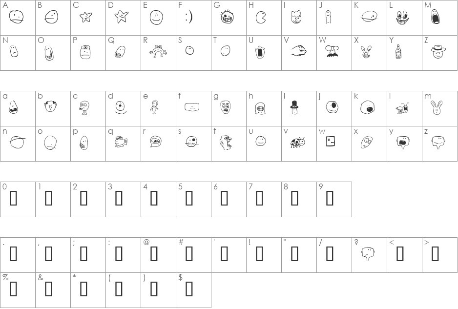Tombats Smilies font character map preview