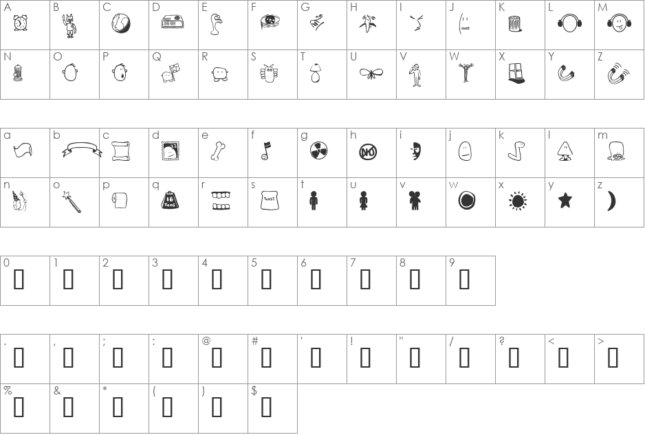 Tombats Three font character map preview