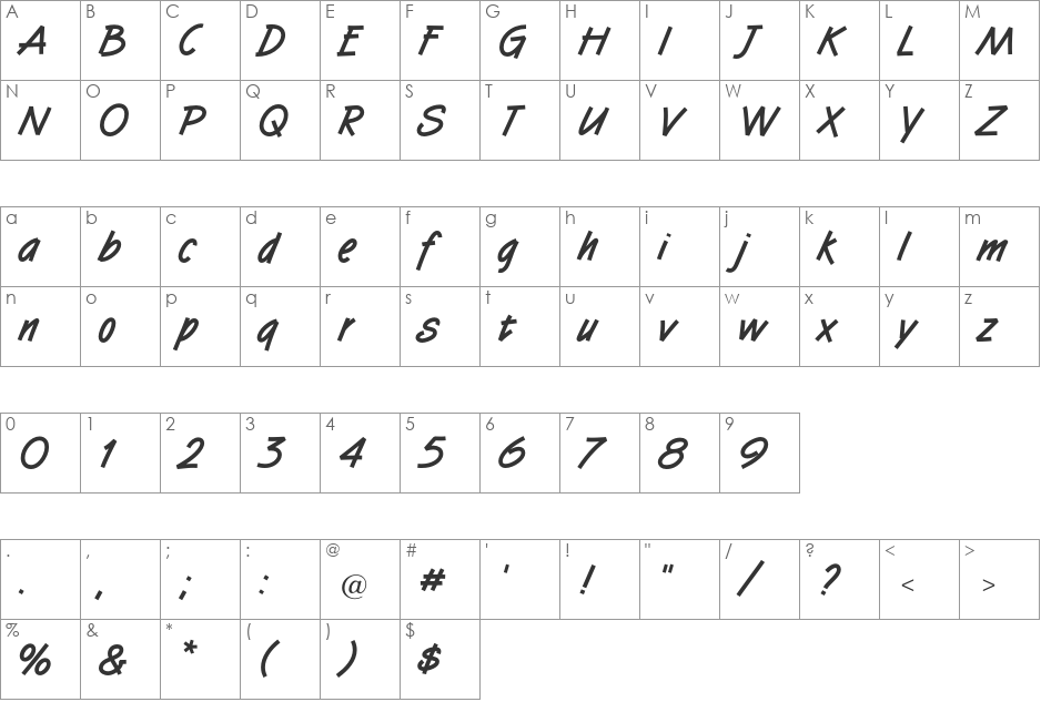Tomboy font character map preview