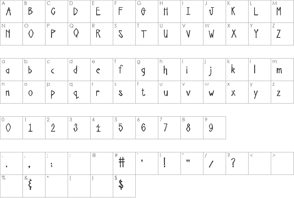 Too Many Secrets font character map preview