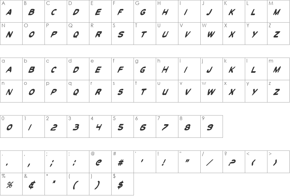 Toon Town Industrial Cond Ital font character map preview