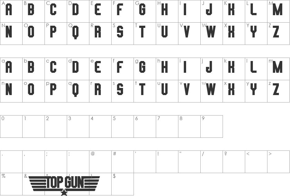 TOP GUN font character map preview