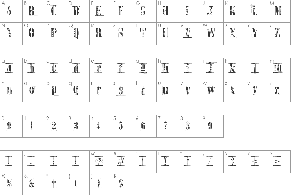Toreador font character map preview