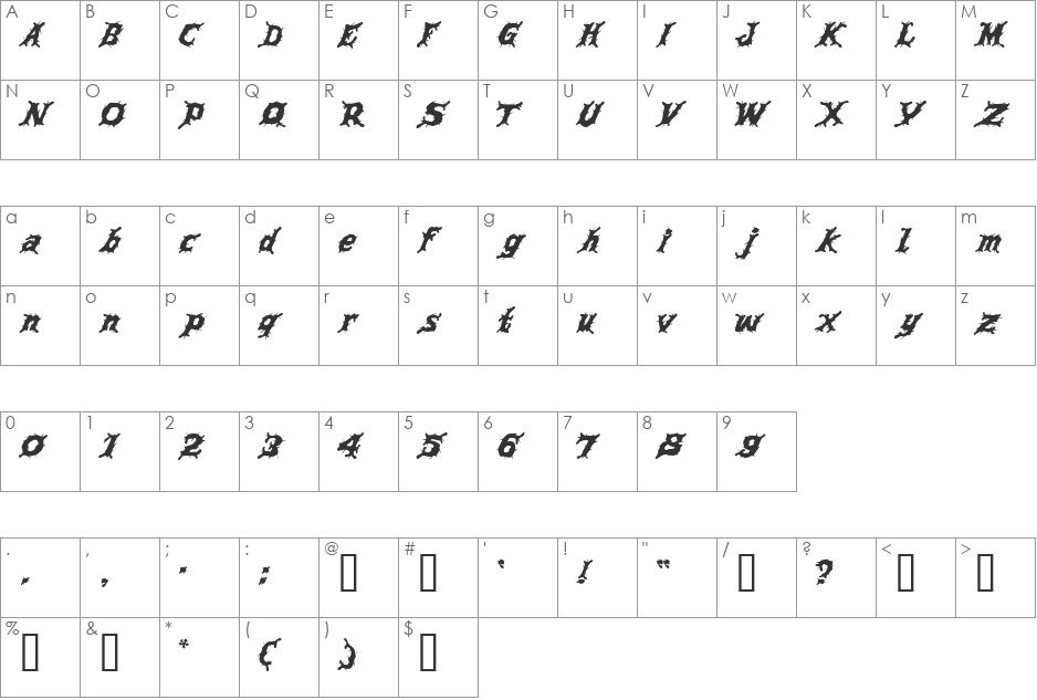 TORTURE font character map preview