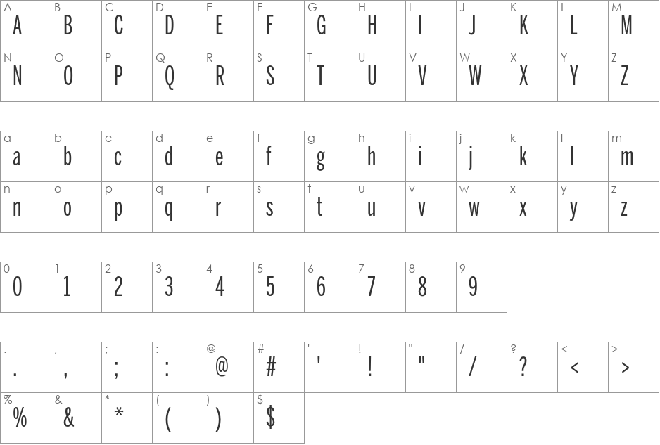 BentonSans ExtraComp Regular font character map preview