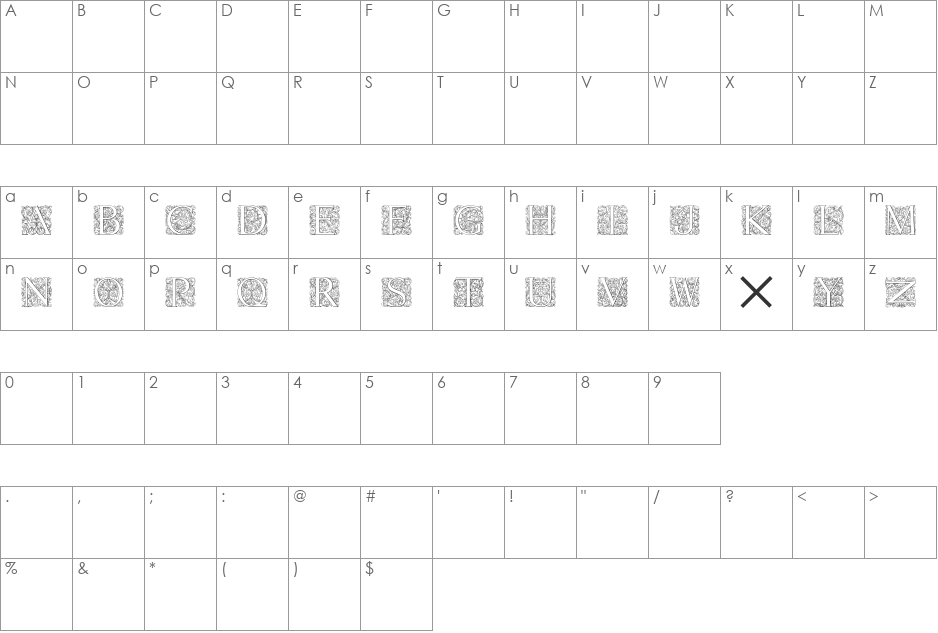 Torynitialen font character map preview
