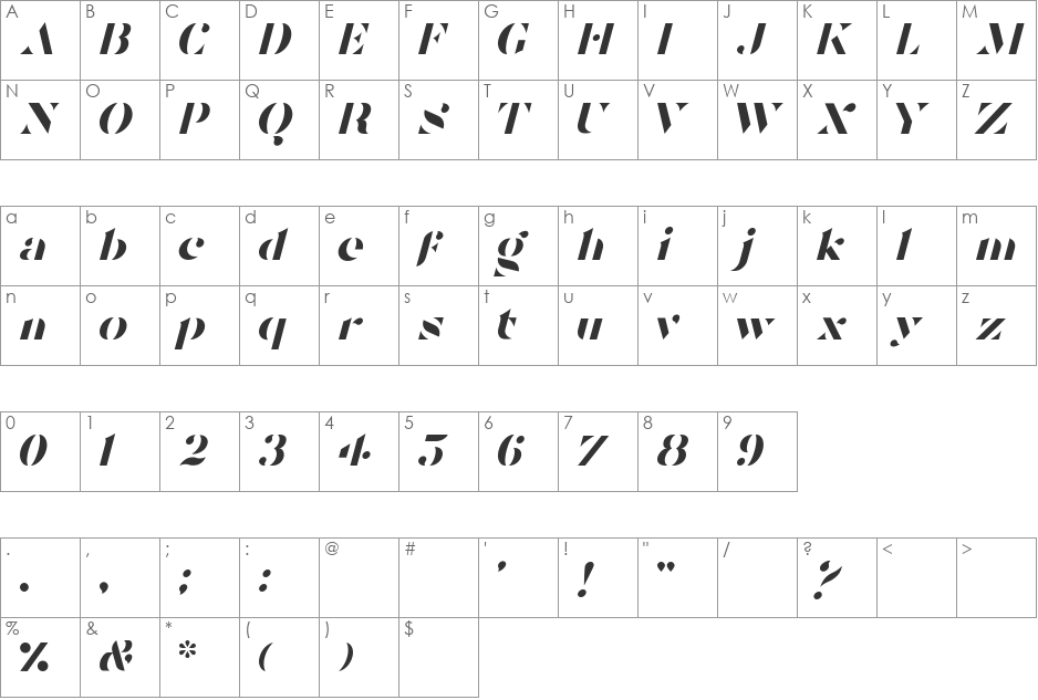 Tostada font character map preview