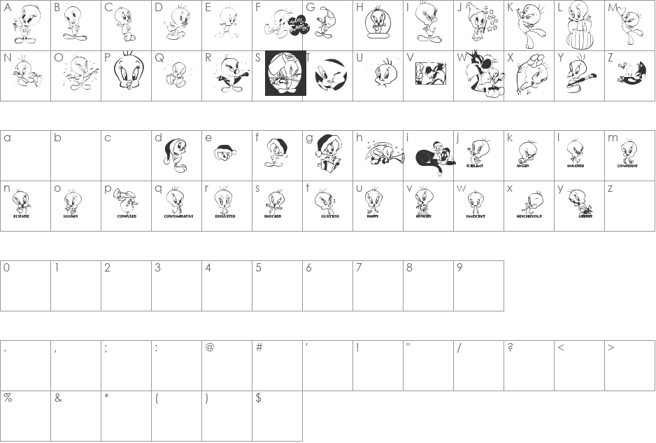 Totally Tweetie font character map preview