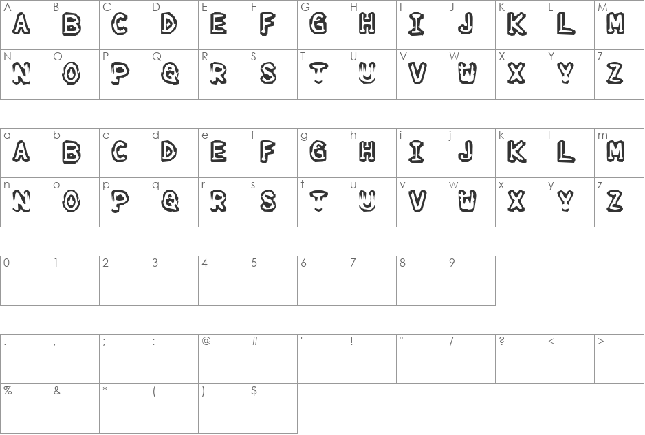 tourettes font character map preview