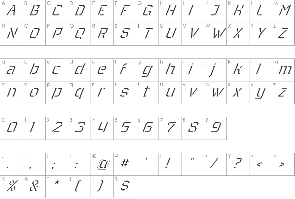 Toxic Light Italic font character map preview
