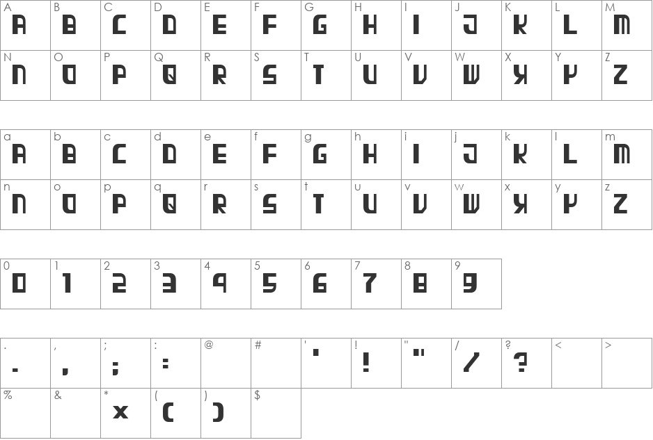 TPF Elephant font character map preview