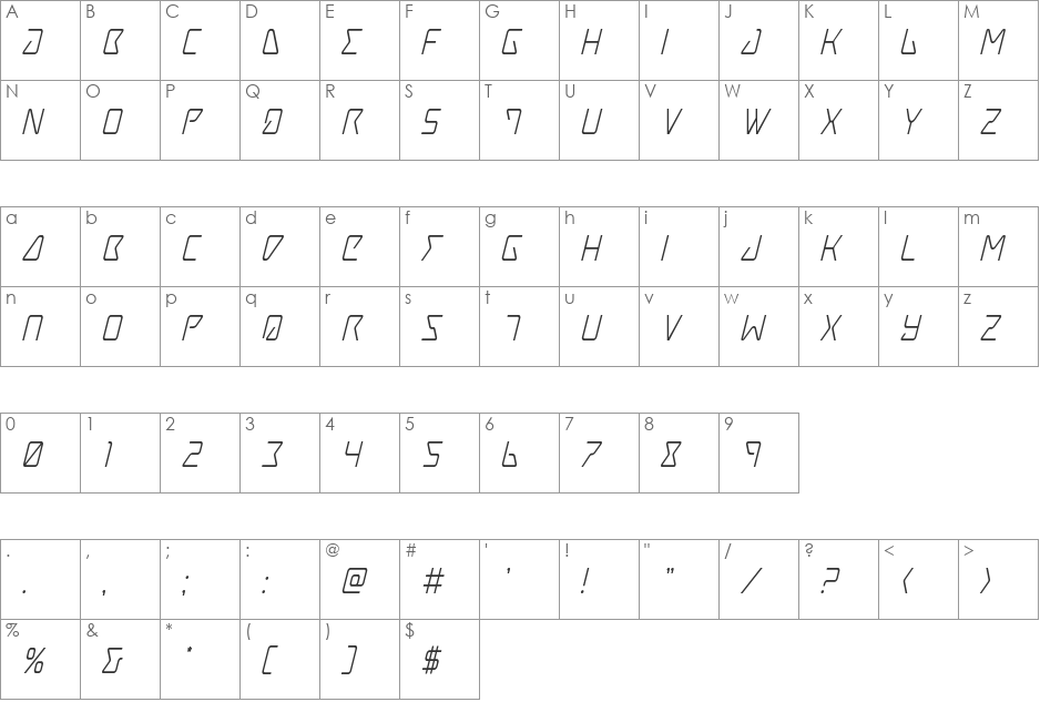 Tracer Expanded Italic font character map preview