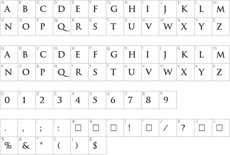 Tradition font character map preview