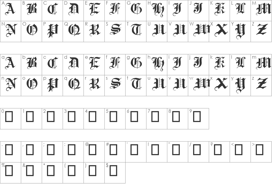 Traditional Gothic, 17th c. font character map preview